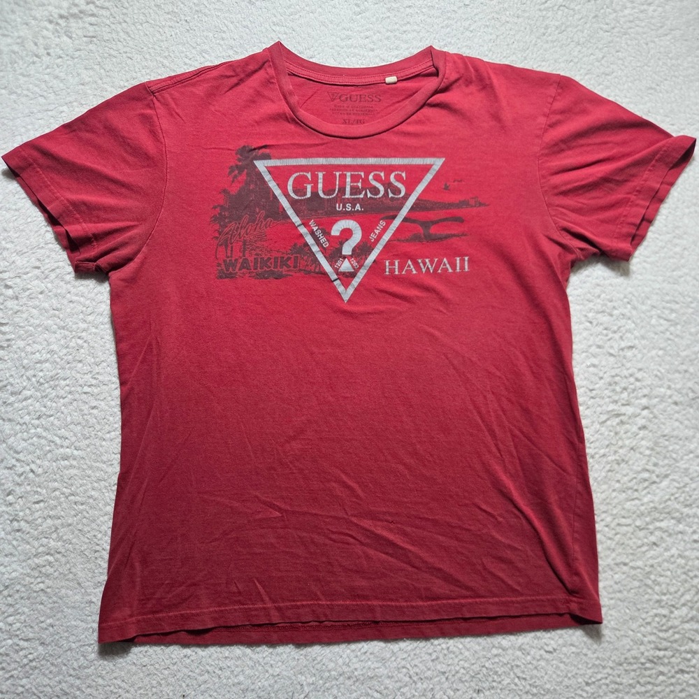 Guess T Shirt Mens XL Red Waikiki Hawaii Graphic Tee Cotton Casual Summer Top